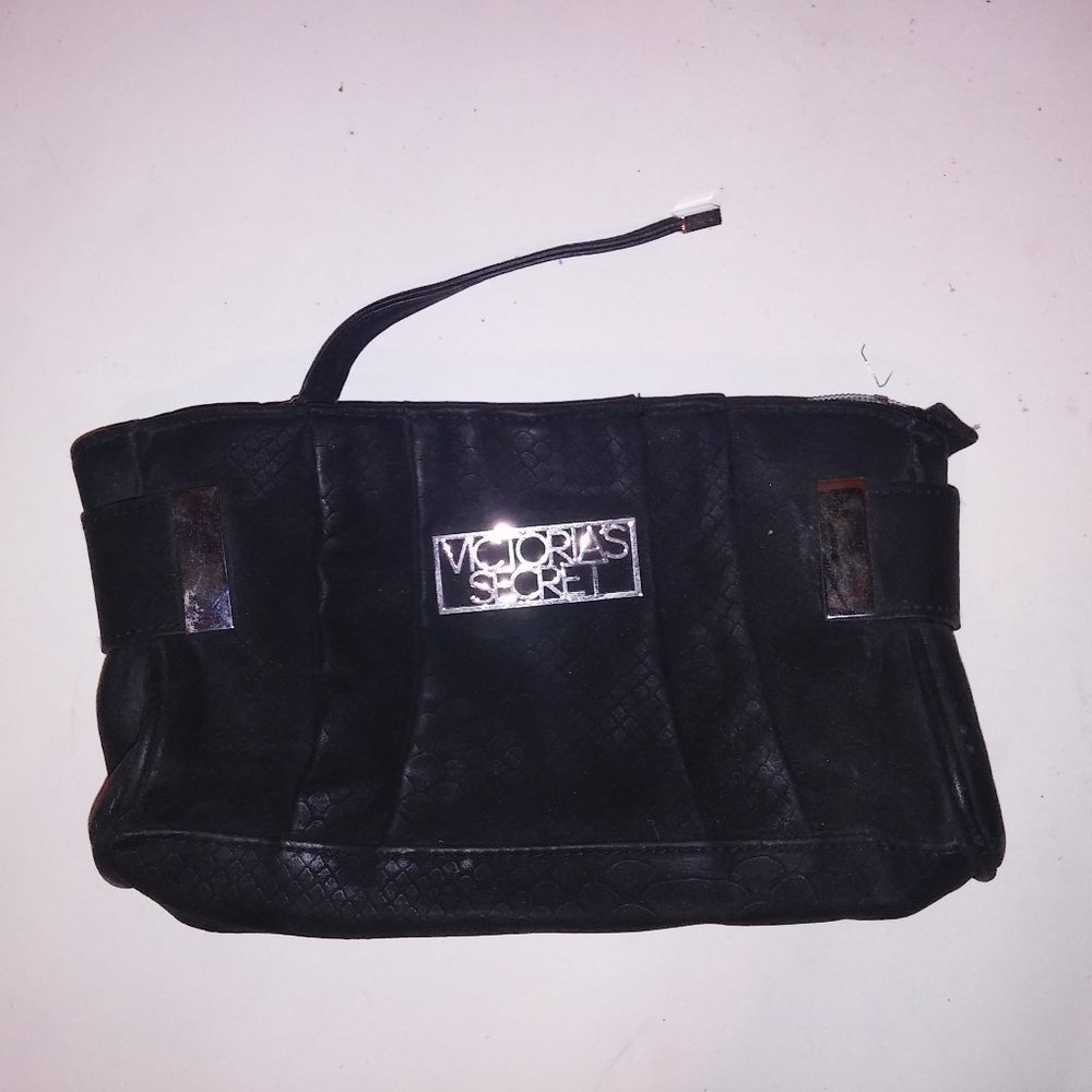 Victoria Secret Wristlet Purse Bag Black Logo Snakeskin Print Silver Hardware 9 - Picture 1 of 10